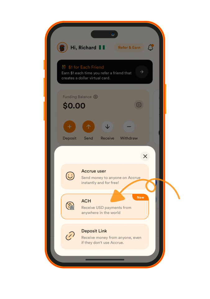 Select the second option "ACH" to receive money through our new USD virtual account