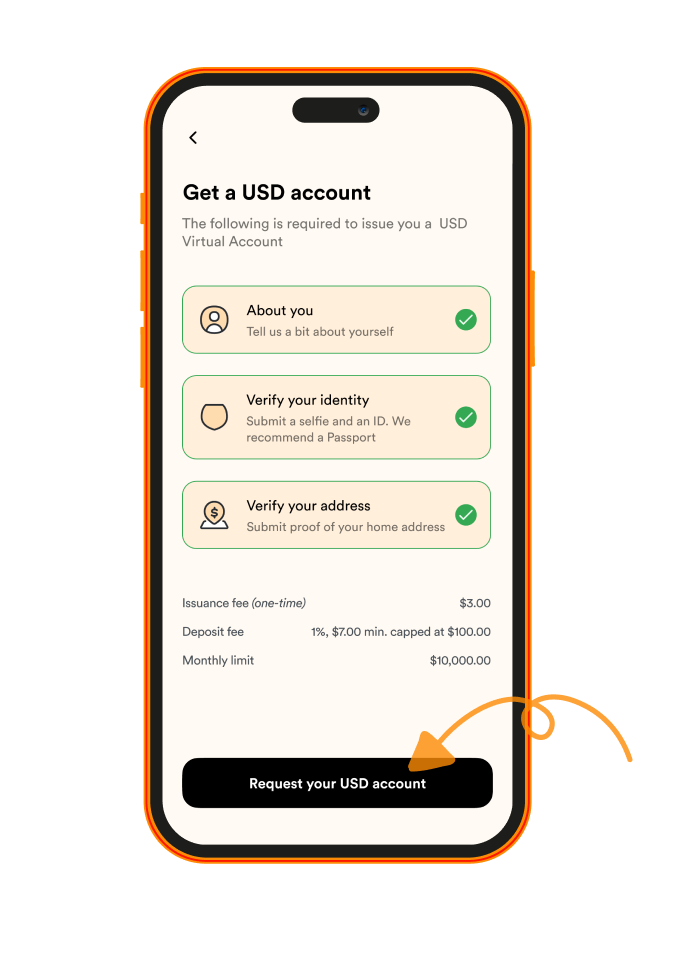 After submitting your ID, verifying your address and identity, select the "Request your USD account" button at the bottom of the page 