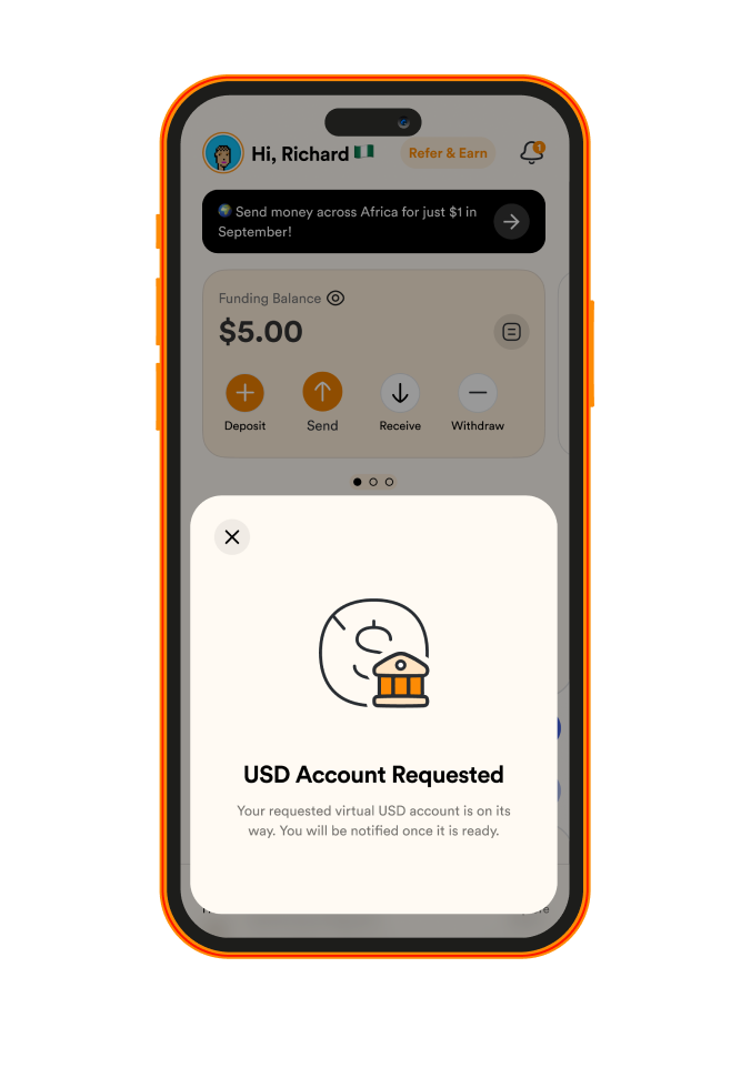 A screenshot of the homepage with a notification stating "USD Account Requested"