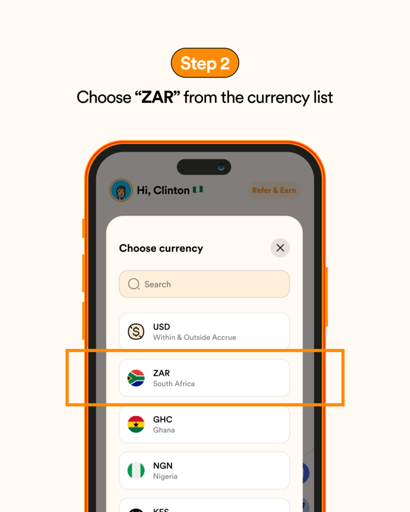 Choose 'ZAR' from the currency list