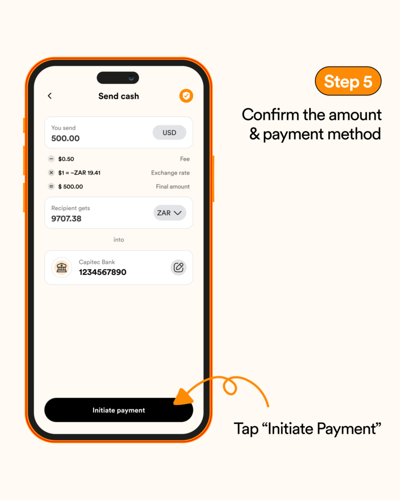 Confirm the amount and payment method and initiate payment