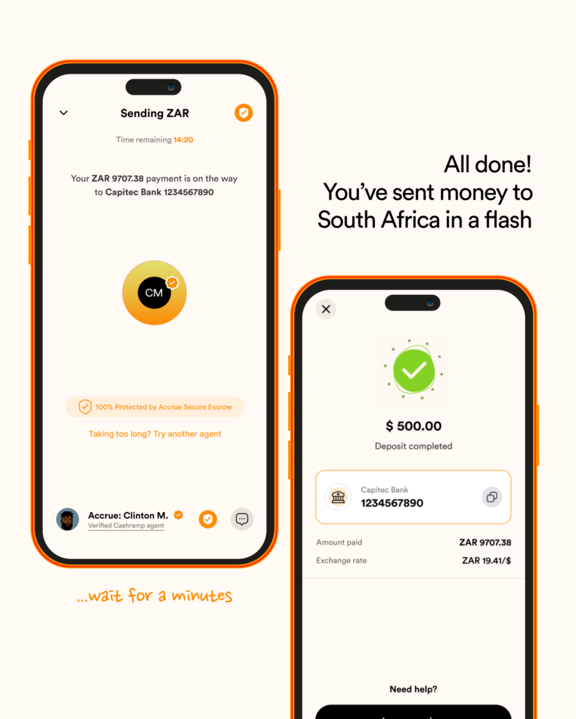Money successfully sent to South Africa.